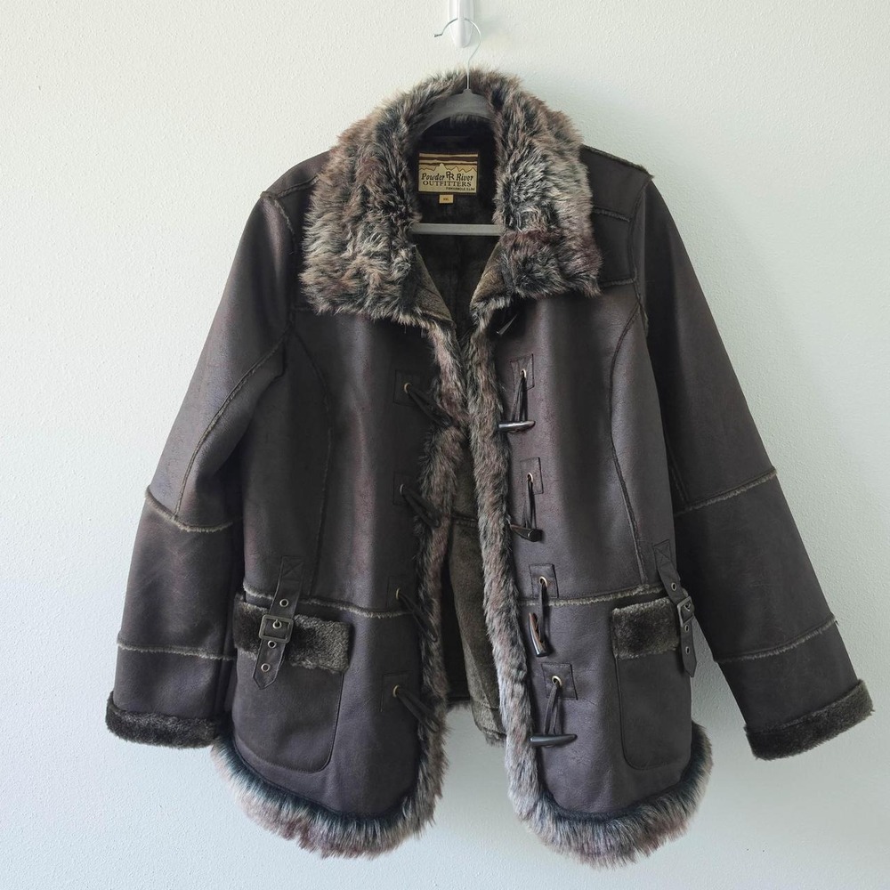 Brown faux-suede and faux-fur trimmed coat by Powder River Outfitters